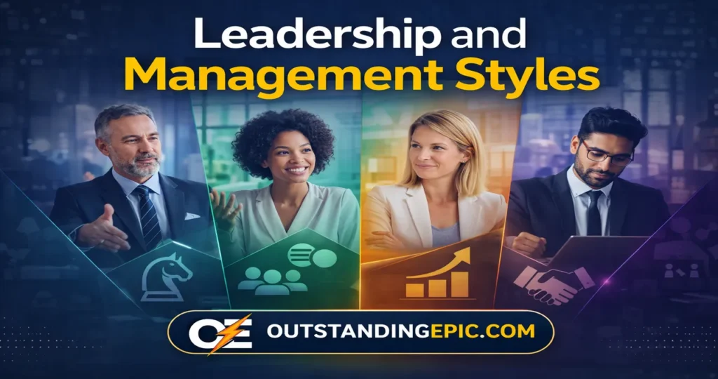 Workplace Management Ewmagwork: The Ultimate Authority Guide to Modern Workforce Strategy, Productivity, and Organizational Excellence 3 Leadership and Management Styles concept showing different leadership approaches, team collaboration, decision making, and business growth strategies in a modern workplace