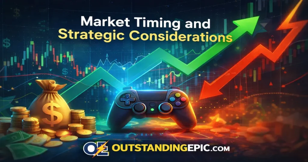 Why Innerlifthunt Game Postponed (Real Reasons, Updates & What to Expect 2026) 2 Market timing and strategic considerations concept with gaming controller, stock charts, and financial growth arrows