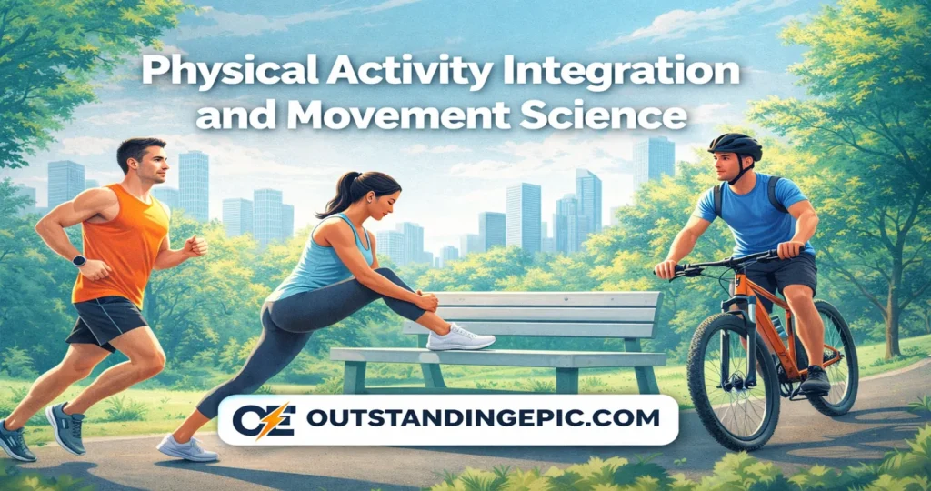 TheWeeklyHealthiness: The Ultimate Weekly Wellness System for Sustainable Health, Energy, and Balance 2 Physical Activity Integration and Movement Science concept showing jogging, cycling, and stretching in an urban park with fitness lifestyle focus