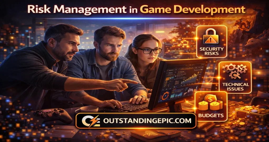 Why Innerlifthunt Game Postponed (Real Reasons, Updates & What to Expect 2026) 3 Risk management in game development showing a realistic team analyzing data security risks technical issues and budget planning on computer dashboard